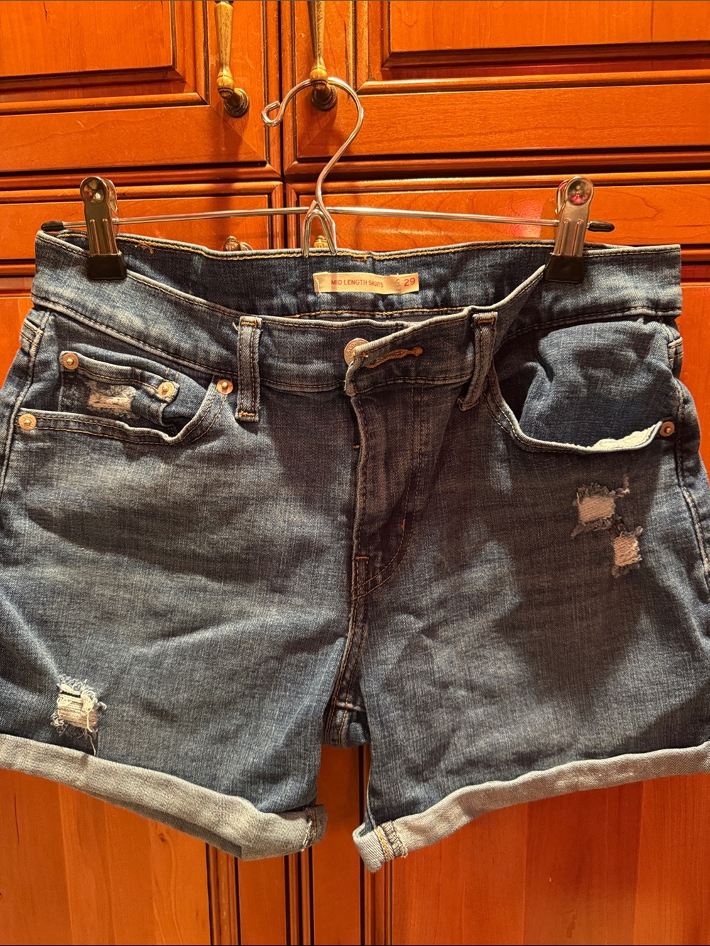 Levi's Dark Blue Distressed Roll-Cuff Denim Shorts